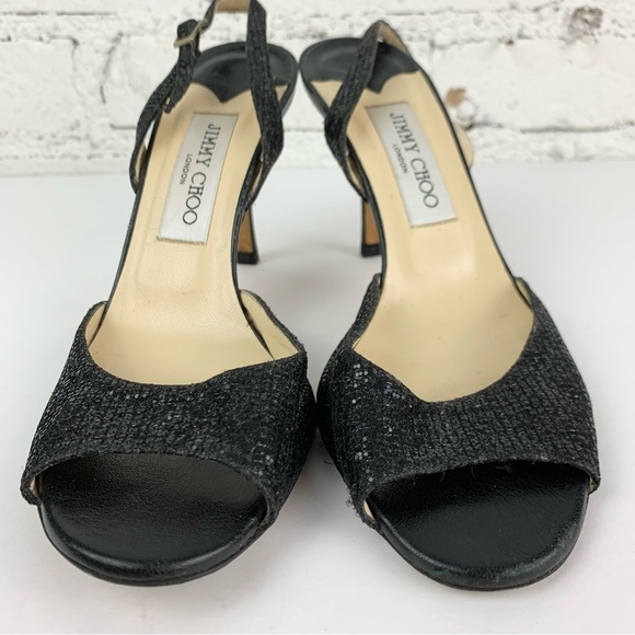Jimmy Choo Laser Black Glitter Sparkle Slingback Peep Toe Stiletto Heel 38.5 - Picture 6 of 13